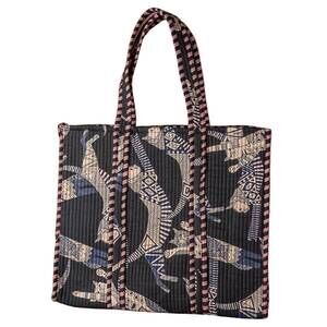 NEW VERVE CULTURE women's quilted tote bag with feline designs in navy